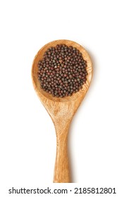 Top View Black Mustard Seed In Wood Spoon Isolated On White Background. Flat Lay Black Mustard Seed In Wood Spoon Isolated On White Background. Overhead Black Mustard Seed In Spoon Isolated Backround