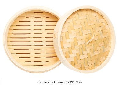 Top view of blank Chinese bamboo steamer with lid isolated on white background