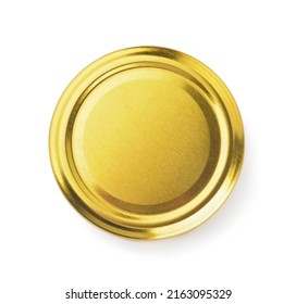 Top view of blank golden metal jar lid isolated on white