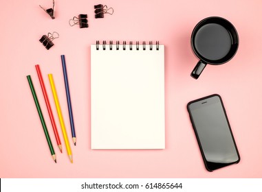 Top View Of Blank Notebook Page With Colored Pencils On Table. Flat Lay