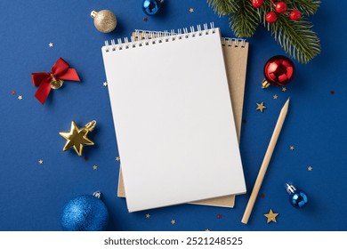 A top view of a blank notebook surrounded by festive Christmas decorations, including ornaments and a pencil, on a blue background - Powered by Shutterstock