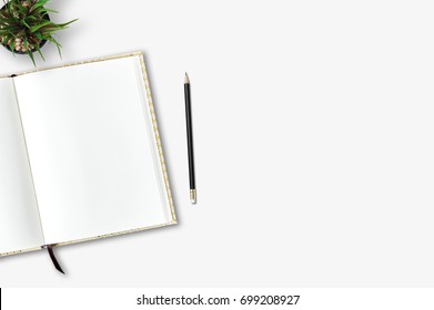 Top View Of Blank Open Notebook On Wood Background Office Desk And Different Objects. Minimal Flat Lay Style