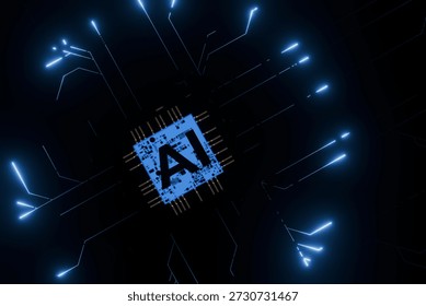 Top view of a blue AI processor on a dark background. Neon light trails radiate from the chip, symbolizing high-speed data processing and neural networks.