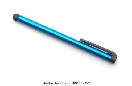 Top view of blue capacitive touchscreen stylus isolated on white