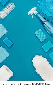 Top View Of Blue Cleaning Supplies Isolated On Blue