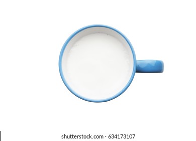 Top View Of Blue Cup Of Milk Cream With Coffee Isolated Over White Background.