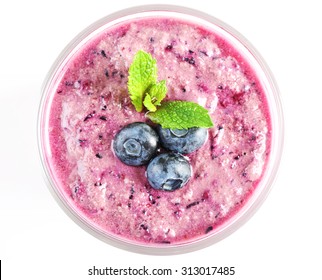 Top View Of Blueberry Smoothie Isolated On White