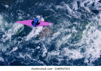 Top View Boat Of Kayaker On Mountain Rough Blue River, Extreme Sport Kayak, Aerial Drone Photo.