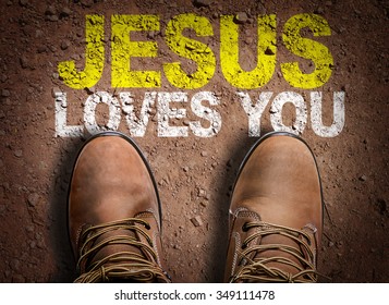 Top View of Boot on the trail with the text: Jesus Loves You