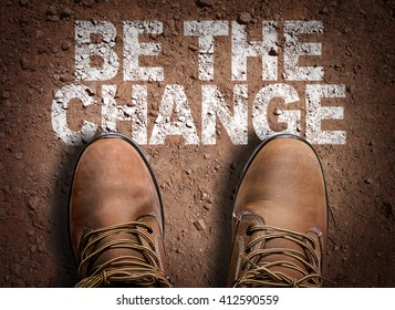 Top View of Boot on the trail with the text: Be the Change