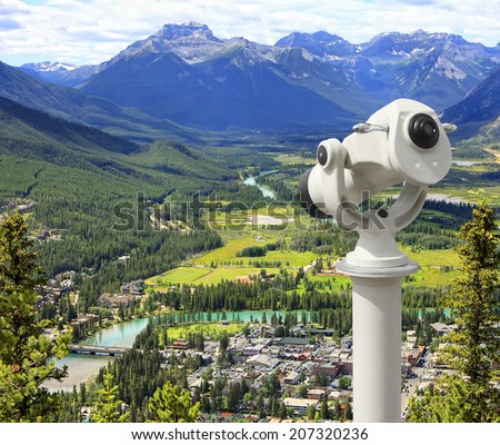 Top view of Bow river valley and Banff city with telescope (Banff National Park. Alberta. Canada) 