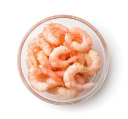 Top View Of Bowl With Boiled Peeled Shrimps Isolated On White
