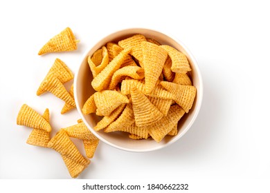 Top view Bowl of corn snack isolated on white background. - Shutterstock ID 1840662232
