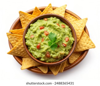 Top view of a bowl of guacamole with tortilla chips, isolated on white background - Powered by Shutterstock