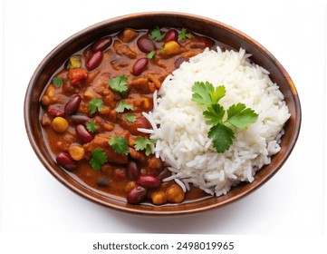 Top view of a bowl of rajma (kidney bean curry) with steamed rice, isolated on white background. - Powered by Shutterstock