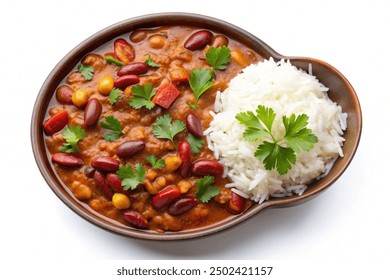 Top view of a bowl of rajma (kidney bean curry) with steamed rice, isolated on white background