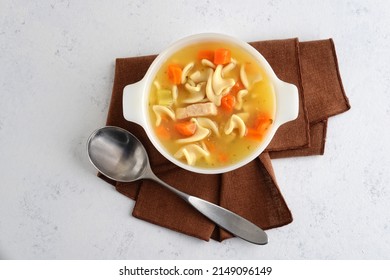 Top View Bowl Of Turkey Noodle Soup