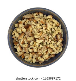 Top View Of A Bowl Of Uncooked Stovetop Stuffing Ingredients Isolated On A White Background.