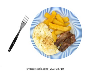 Top View Of A Breakfast Of Fried Strip Steak With Eggs And Potatoes On A Blue Striped Plate With Fork To The Side Atop A White Background.