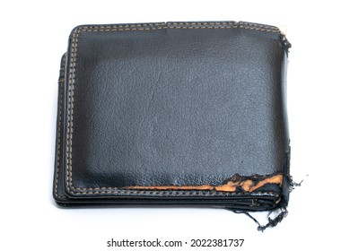 Top View Of Broken Old Black Torn Wallet Isolated On White Background