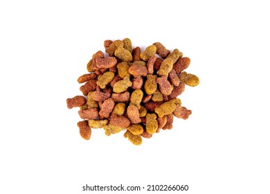 Top View Of Brown Kibble Pieces For Cat Feed Heap Isolated On White Background. Healthy Dry Pet Food