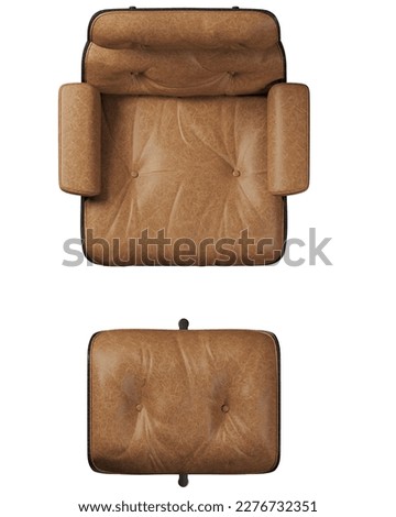 Top view of brown leather lounge chair with ottoman