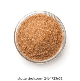 Top view of brown sugar in glass bowl isolated on white