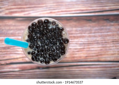 Top View Bubble Milk Tea On The Wood Table