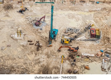 Top View Of Building Foundation And Construction Site. Shot From Above