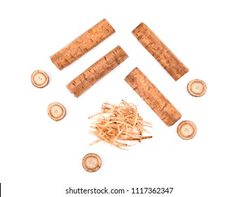 Top view of Burdock roots isolated white background