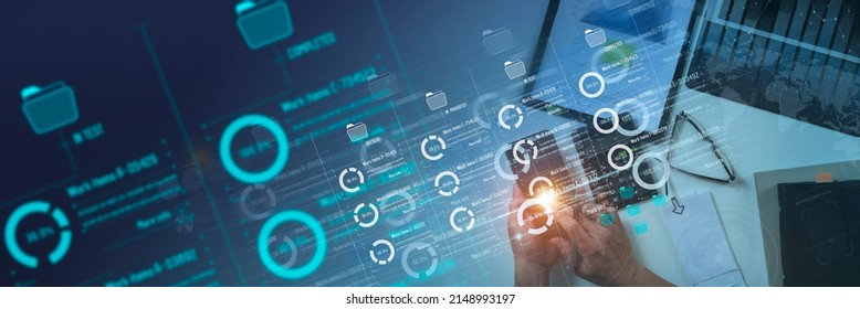 Top view Business developer hand using Kanban board framework on virtual modern computer showing innovation Agile software development lean project management tool for fast changes concept - Shutterstock ID 2148993197