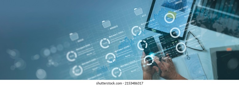 Top view Business developer hand using Kanban board framework on virtual modern computer showing innovation Agile software development lean project management tool for fast changes concept - Shutterstock ID 2153486317