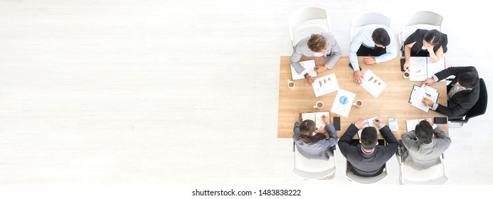 Top View Of Business Team Work Meeting At Modern Office. Directly Above View Of  Marketing Team.Banner Ratio