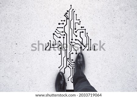 Top view of businessman feet standing on abstract circuit arrow sketch on white ground background with mock up place. Success and digital transformation concept