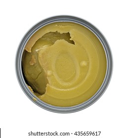 Top View Of A Can Of Thick Green Pea Soup Isolated On A White Background.