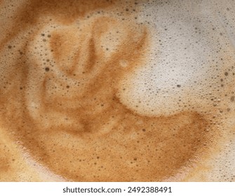 Top view of Cappuccino milk foam closeup. Very creamy coffee foam with bubbles, Coffee Time in the Morning, Top view, Copy space, Selective focus. - Powered by Shutterstock