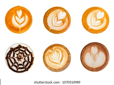 Top view of cappuccino, mocha and latte with latte art foam set isolated on white background.
