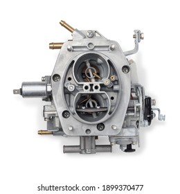 Top View Of Car Carburetor For Internal Combustion Engine For Mixing Air With A Fine Spray Of Liquid Fuel, Isolated On White Background. Automotive Parts.