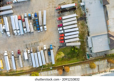 Top View Car Parking Truck Stop On Rest Area In The Trucks Stand In A Row