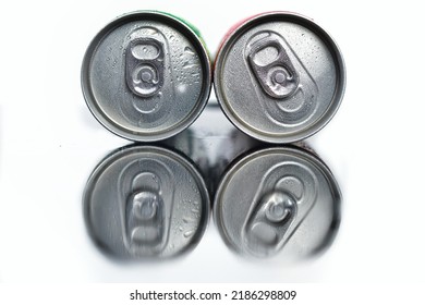 Top View Of Carbonated Soft Drinks Can, Isolated White Background, Junk Drink. 