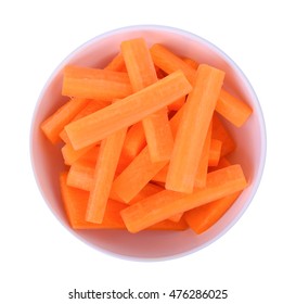 Top View Of Carrot Sticks In White Bowl Isolated On White 