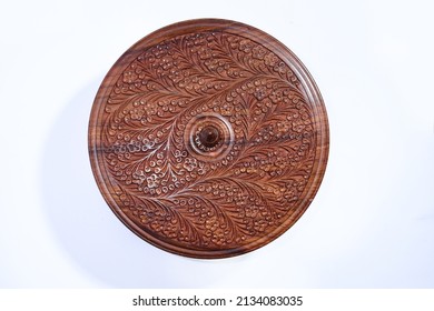 Top View Carved Wooden Hot Pot Lid With Floral Work 