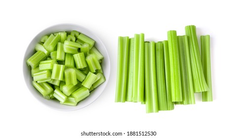 Top view of celery in white bowl isolated on white background - Shutterstock ID 1881512530