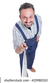 Top View Of Cheerful Attractive Mechanic Man Taking Photo With Selfie Stick Isolated On White Studio Background