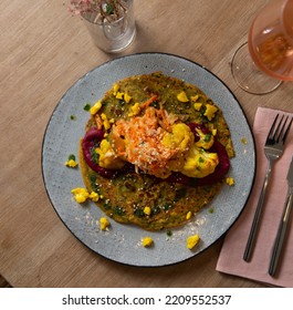 Top view of a chef gourmet dish. Beautiful and tasty food on a plate. - Shutterstock ID 2209552537