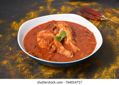 Top View Chettinad Chicken Curry Hot And Spicy Gravy Dish Tamil Nadu, India. South Indian Non-vegetarian Cuisine Prepared Use Coconut, Garam Masala. Popular Side Dish For Idiyappams, Appam, Rice.