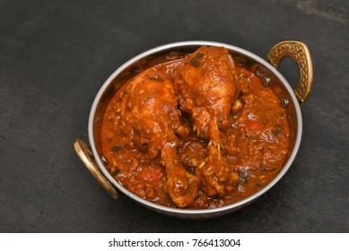 Top View Chettinad Chicken Curry Hot And Spicy Gravy Dish Tamil Nadu, India. South Indian Non Vegetarian Cuisine Prepared Use Coconut, Garam Masala. Popular Side Dish For Idiyappams, Appam, Rice.