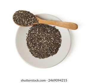 Top view of chia seed on spoon and dish isolated on white background. Chia Seed is a small grain. will swell when soaked in water. many nutrients Contains omega-3, protein, fiber and vitamin.