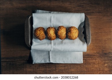 Top View Of Chickpea Falafel Balls Over Light Blue Table Cloth 