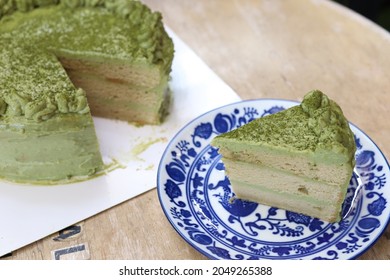 Top View Chiffon Cake Of Matcha Green Tea On Dish 